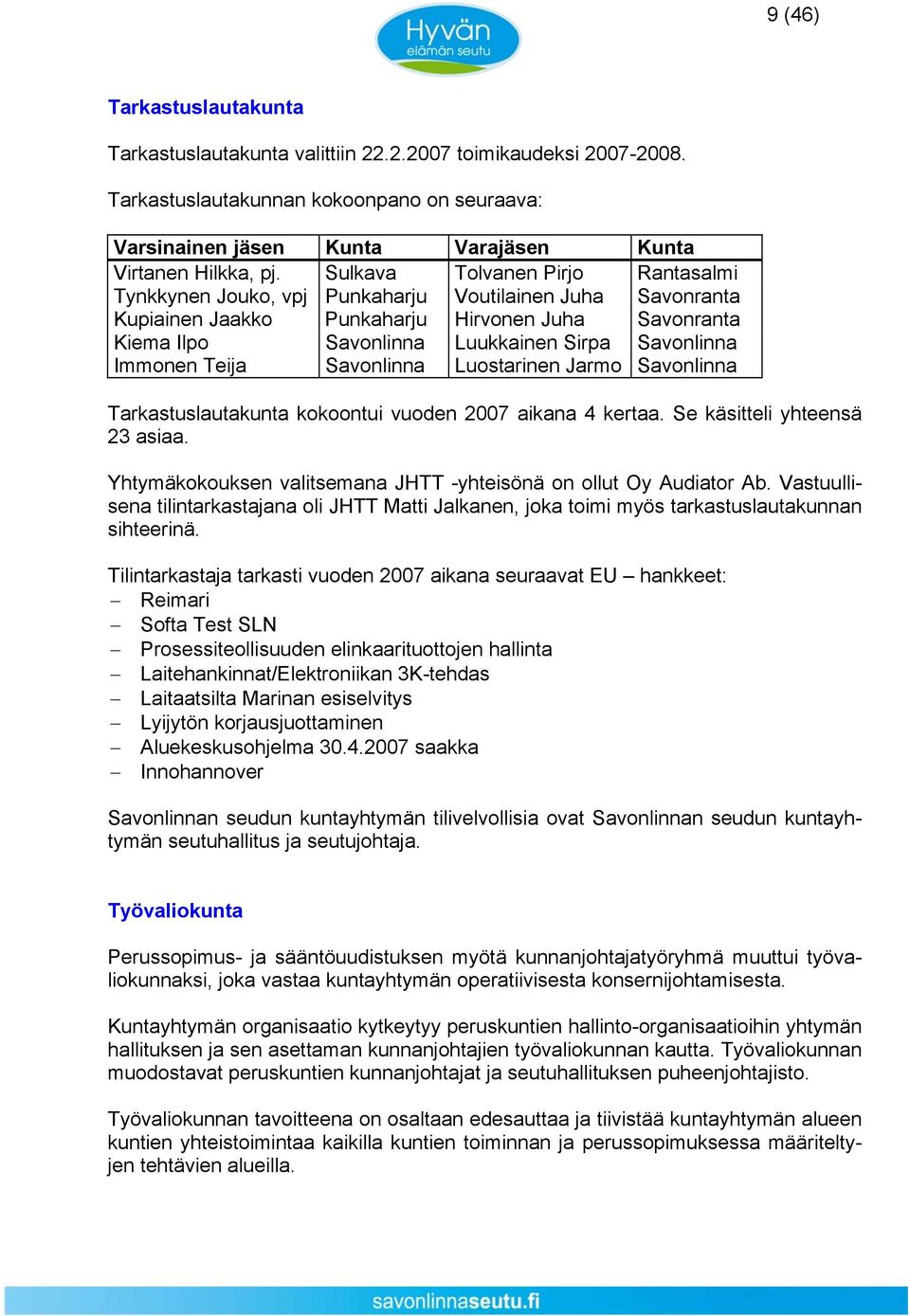 Immonen Teija Savonlinna Luostarinen Jarmo Savonlinna Tarkastuslautakunta kokoontui vuoden 2007 aikana 4 kertaa. Se käsitteli yhteensä 23 asiaa.