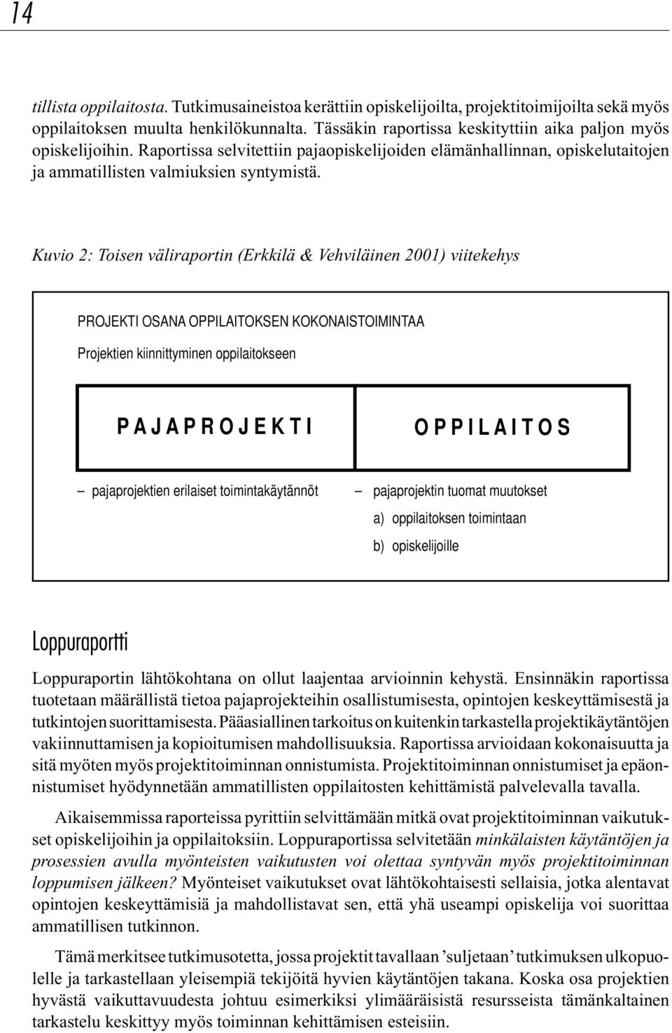 Kuvio 2: Toisen väliraportin (Erkkilä & Vehviläinen 2001) viitekehys PROJEKTI OSANA OPPILAITOKSEN KOKONAISTOIMINTAA Projektien kiinnittyminen oppilaitokseen P A J A P R O J E K T I O P P I L A I T O