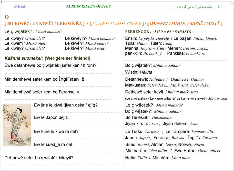 Tulla: Hatin / Tulen: Dêm. Le kiwêy? Missä olet? Le kiwên? Missä ovat? Mennä: Royîştin, Ĉûn / Menen: Derom, Deçim. pankkiin: Bo bank_ê / Pankista: le bankê řa.