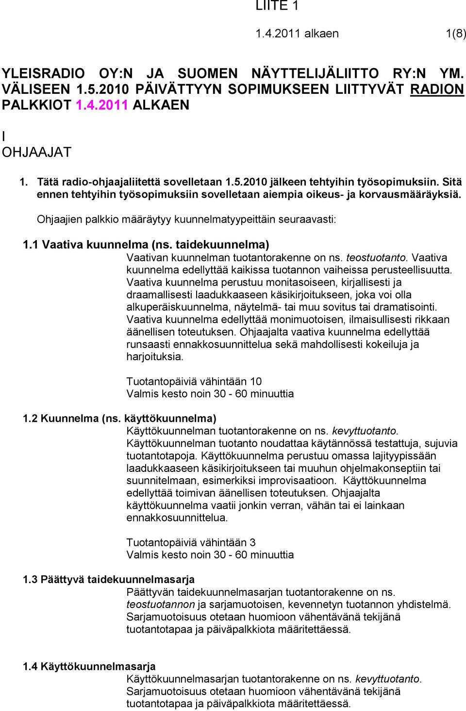 Ohjaajien palkkio määräytyy kuunnelmatyypeittäin seuraavasti: 1.1 Vaativa kuunnelma (ns. taidekuunnelma) Vaativan kuunnelman tuotantorakenne on ns. teostuotanto.