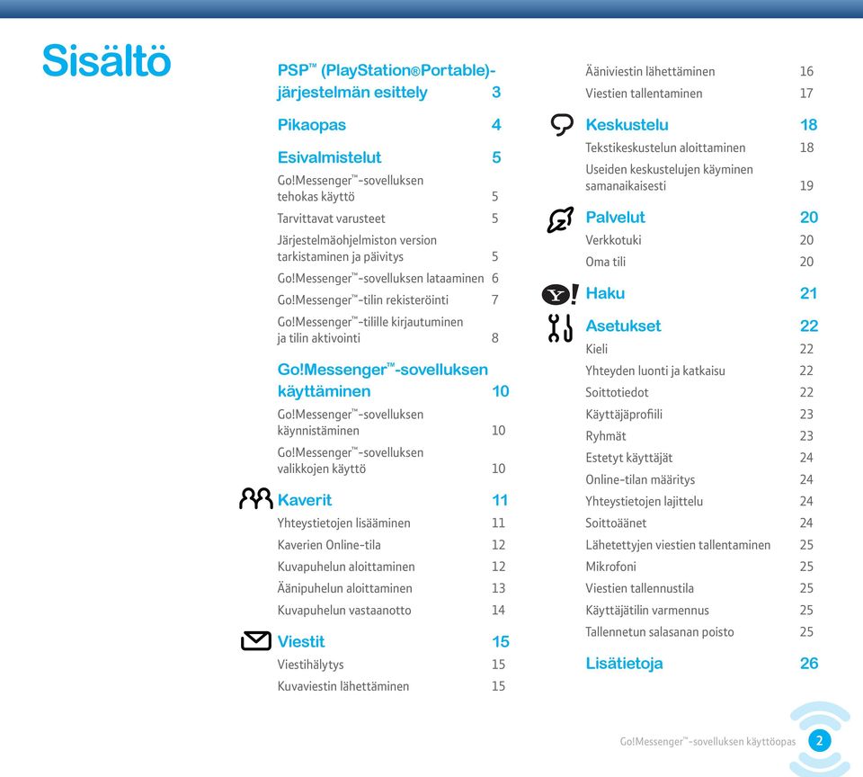 Messenger -tilin rekisteröinti 7 Go!Messenger -tilille kirjautuminen ja tilin aktivointi 8 Go!Messenger -sovelluksen käyttäminen 10 Go!Messenger -sovelluksen käynnistäminen 10 Go!