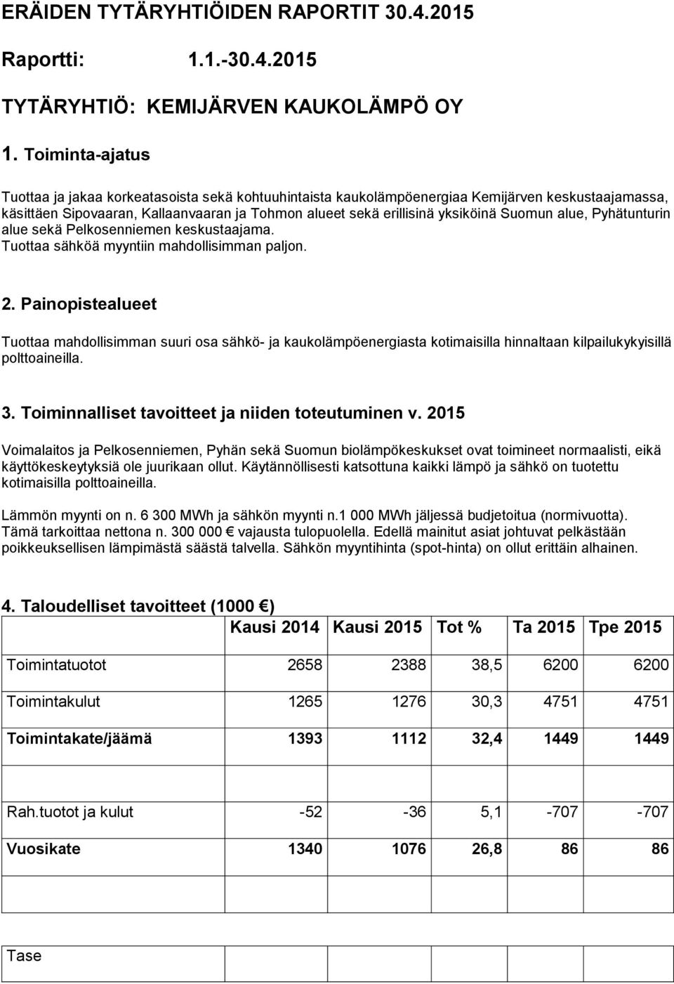 2015 TYTÄRYHTIÖ: KEMIJÄRVEN KAUKOLÄMPÖ OY Tuottaa ja jakaa korkeatasoista sekä kohtuuhintaista kaukolämpöenergiaa Kemijärven keskustaajamassa, käsittäen Sipovaaran, Kallaanvaaran ja Tohmon alueet