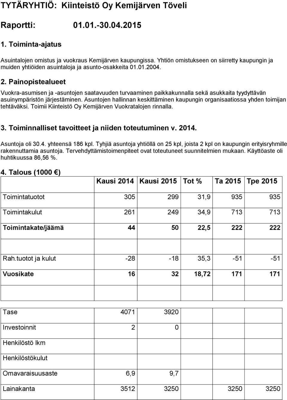 Vuokra-asumisen ja -asuntojen saatavuuden turvaaminen paikkakunnalla sekä asukkaita tyydyttävän asuinympäristön järjestäminen.