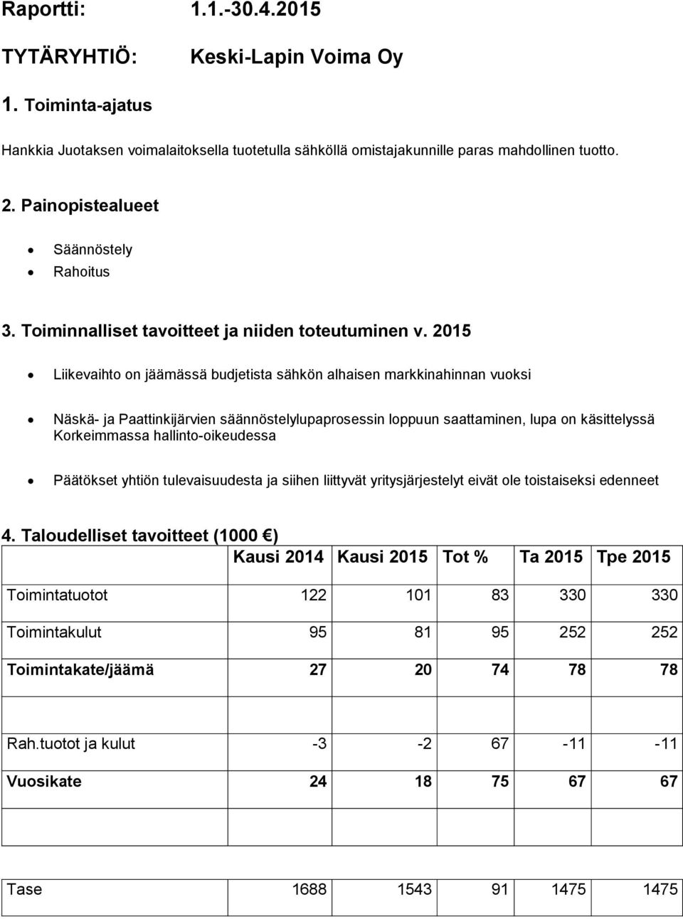 2015 Liikevaihto on jäämässä budjetista sähkön alhaisen markkinahinnan vuoksi Näskä- ja Paattinkijärvien säännöstelylupaprosessin loppuun saattaminen, lupa on käsittelyssä Korkeimmassa