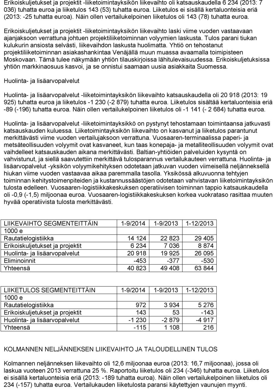 Erikoiskuljetukset ja projektit -liiketoimintayksikön liikevaihto laski viime vuoden vastaavaan ajanjaksoon verrattuna johtuen projektiliiketoiminnan volyymien laskusta.