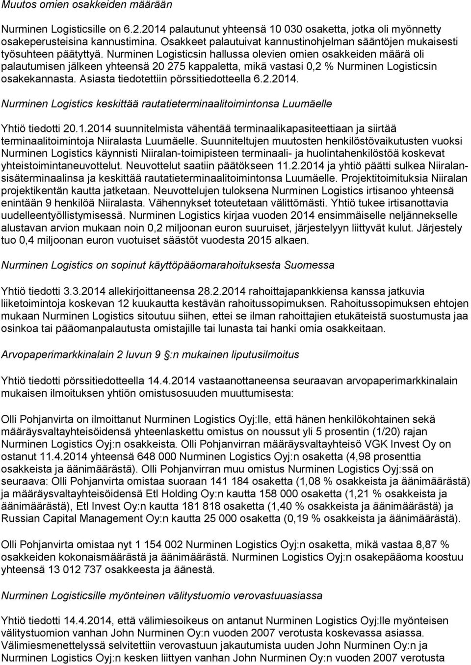 Nurminen Logisticsin hallussa olevien omien osakkeiden määrä oli palautumisen jälkeen yhteensä 20 275 kappaletta, mikä vastasi 0,2 % Nurminen Logisticsin osakekannasta.