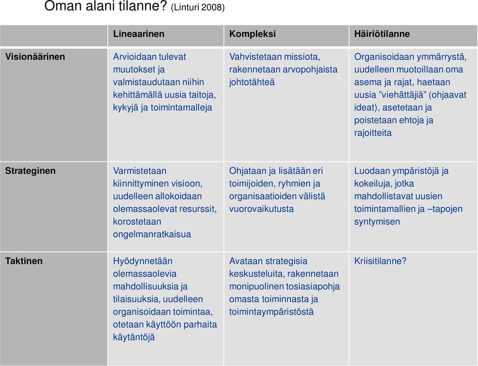 rakennetaan arvopohjaista johtotähteä Organisoidaan ymmärrystä, uudelleen muotoillaan oma asema ja rajat, haetaan uusia viehättäjiä (ohjaavat ideat), asetetaan ja poistetaan ehtoja ja rajoitteita