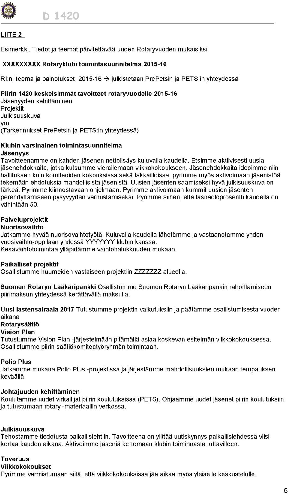 1420 keskeisimmät tavoitteet rotaryvuodelle 2015-16 Jäsenyyden kehittäminen Projektit Julkisuuskuva ym (Tarkennukset PrePetsin ja PETS:in yhteydessä) Klubin varsinainen toimintasuunnitelma Jäsenyys