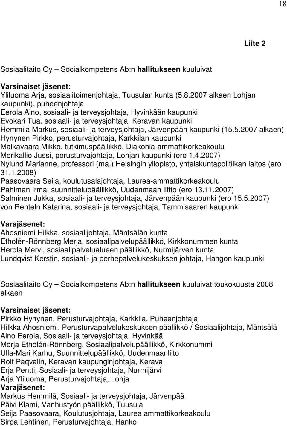 5.2007 alkaen) Hynynen Pirkko, perusturvajohtaja, Karkkilan kaupunki Malkavaara Mikko, tutkimuspäällikkö, Diakonia-ammattikorkeakoulu Merikallio Jussi, perusturvajohtaja, Lohjan kaupunki (ero 1.4.