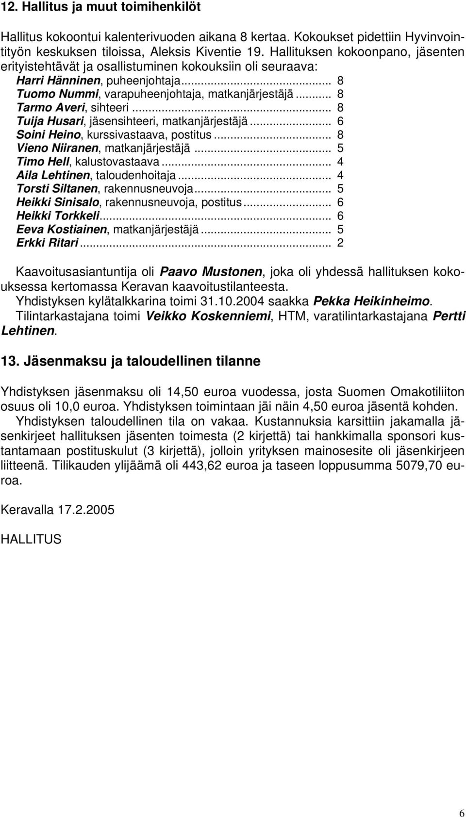 .. 8 Tarmo Averi, sihteeri... 8 Tuija Husari, jäsensihteeri, matkanjärjestäjä... 6 Soini Heino, kurssivastaava, postitus... 8 Vieno Niiranen, matkanjärjestäjä... 5 Timo Hell, kalustovastaava.