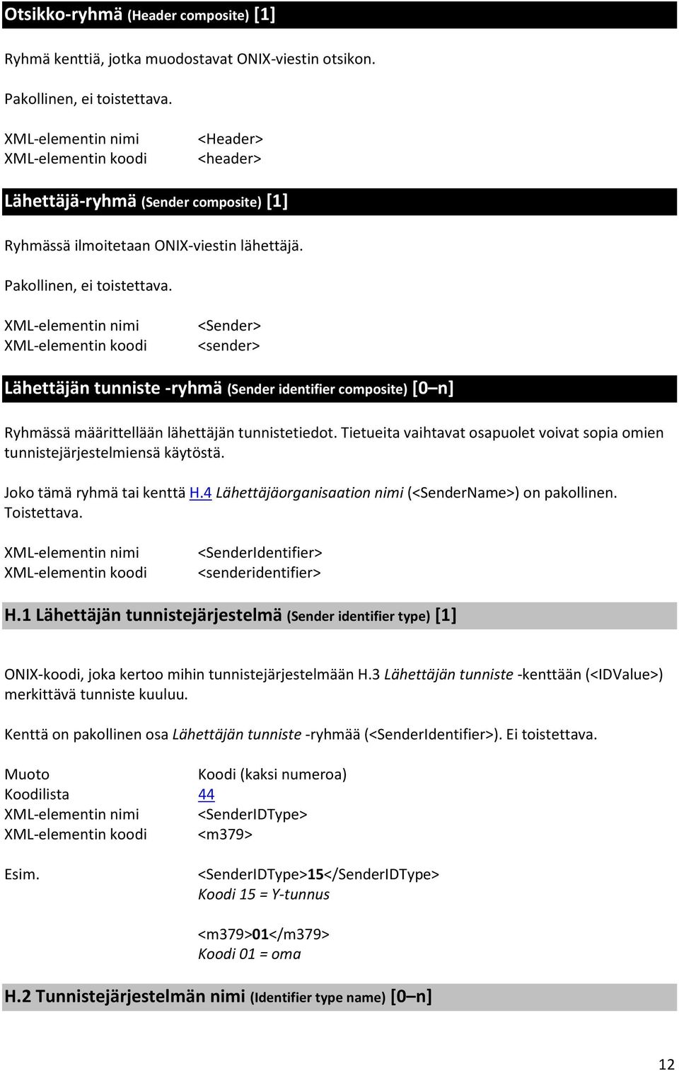 <Sender> <sender> Lähettäjän tunniste -ryhmä (Sender identifier composite) [0 n] Ryhmässä määrittellään lähettäjän tunnistetiedot.