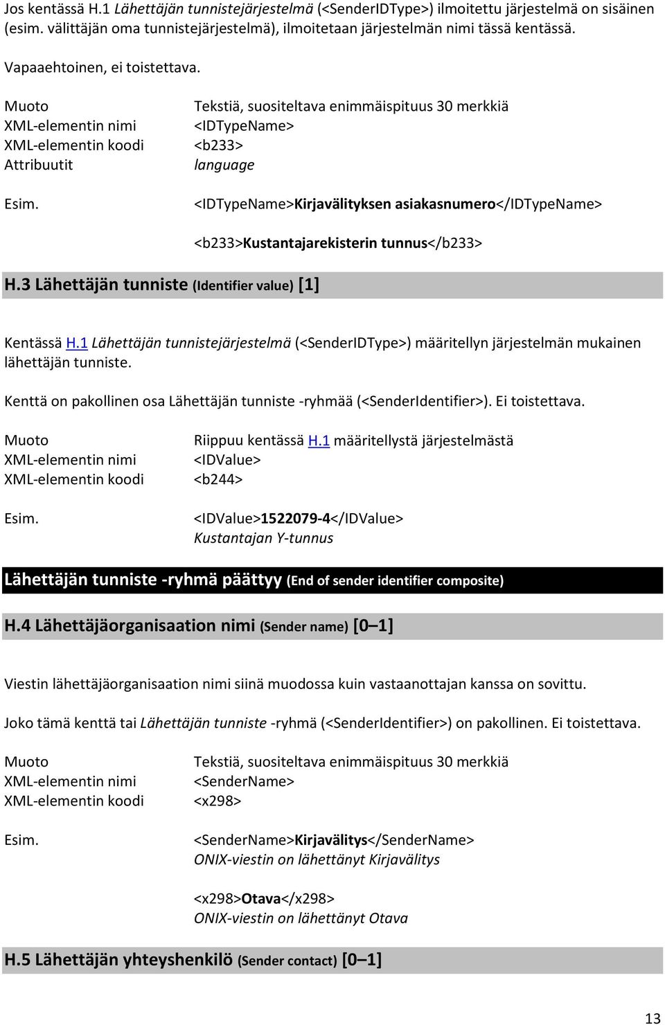 3 Lähettäjän tunniste (Identifier value) [1] <b233>kustantajarekisterin tunnus</b233> Kentässä H.