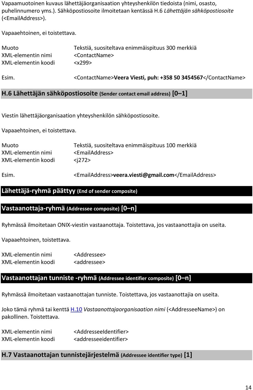 6 Lähettäjän sähköpostiosoite (Sender contact email address) [0 1] Viestin lähettäjäorganisaation yhteyshenkilön sähköpostiosoite. Vapaaehtoinen, ei toistettava.