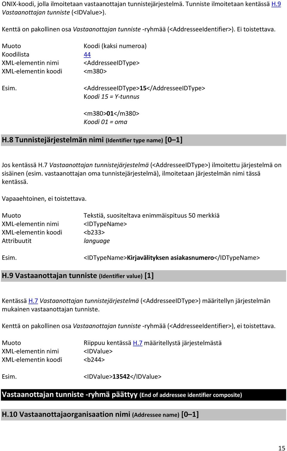 Koodi (kaksi numeroa) Koodilista 44 <AddresseeIDType> <m380> <AddresseeIDType>15</AddresseeIDType> Koodi 15 = Y-tunnus <m380>01</m380> Koodi 01 = oma H.