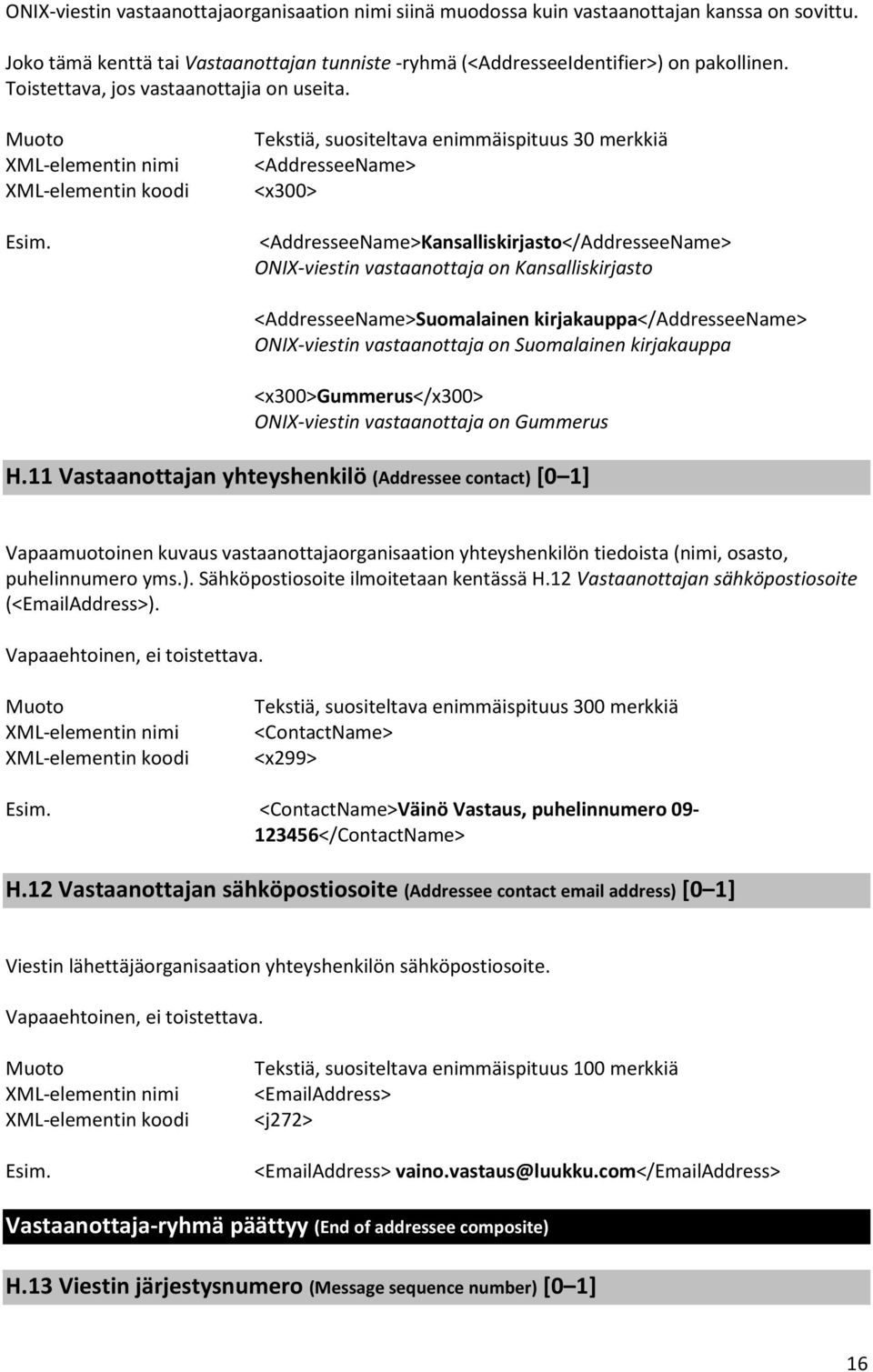 Tekstiä, suositeltava enimmäispituus 30 merkkiä <AddresseeName> <x300> <AddresseeName>Kansalliskirjasto</AddresseeName> ONIX-viestin vastaanottaja on Kansalliskirjasto <AddresseeName>Suomalainen