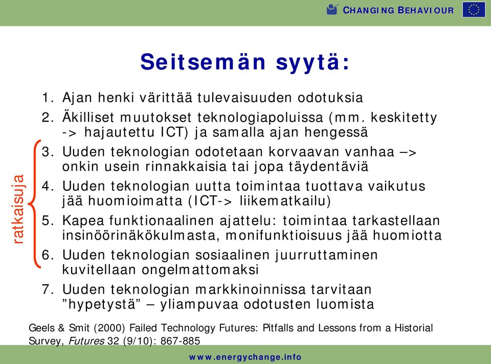 Kapea funktionaalinen ajattelu: toimintaa tarkastellaan insinöörinäkökulmasta, monifunktioisuus jää huomiotta 6. Uuden teknologian sosiaalinen juurruttaminen kuvitellaan ongelmattomaksi 7.