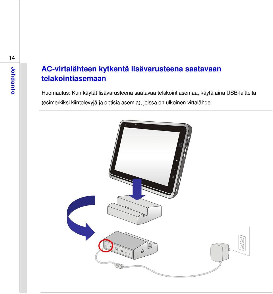 saatavaa telakointiasemaa, käytä aina USB-laitteita