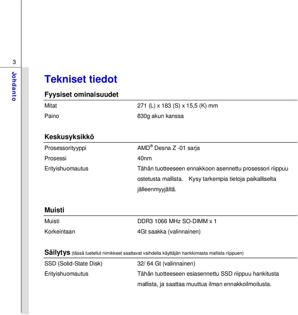 Muisti Muisti DDR3 1066 MHz SO-DIMM x 1 Korkeintaan 4Gt saakka (valinnainen) Säilytys (tässä luetellut nimikkeet saattavat vaihdella käyttäjän hankkimasta mallista