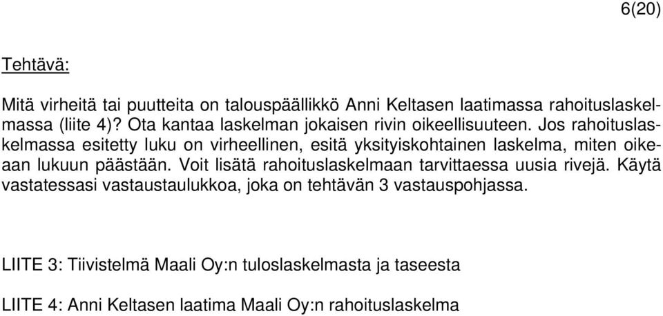 Jos rahoituslaskelmassa esitetty luku on virheellinen, esitä yksityiskohtainen laskelma, miten oikeaan lukuun päästään.