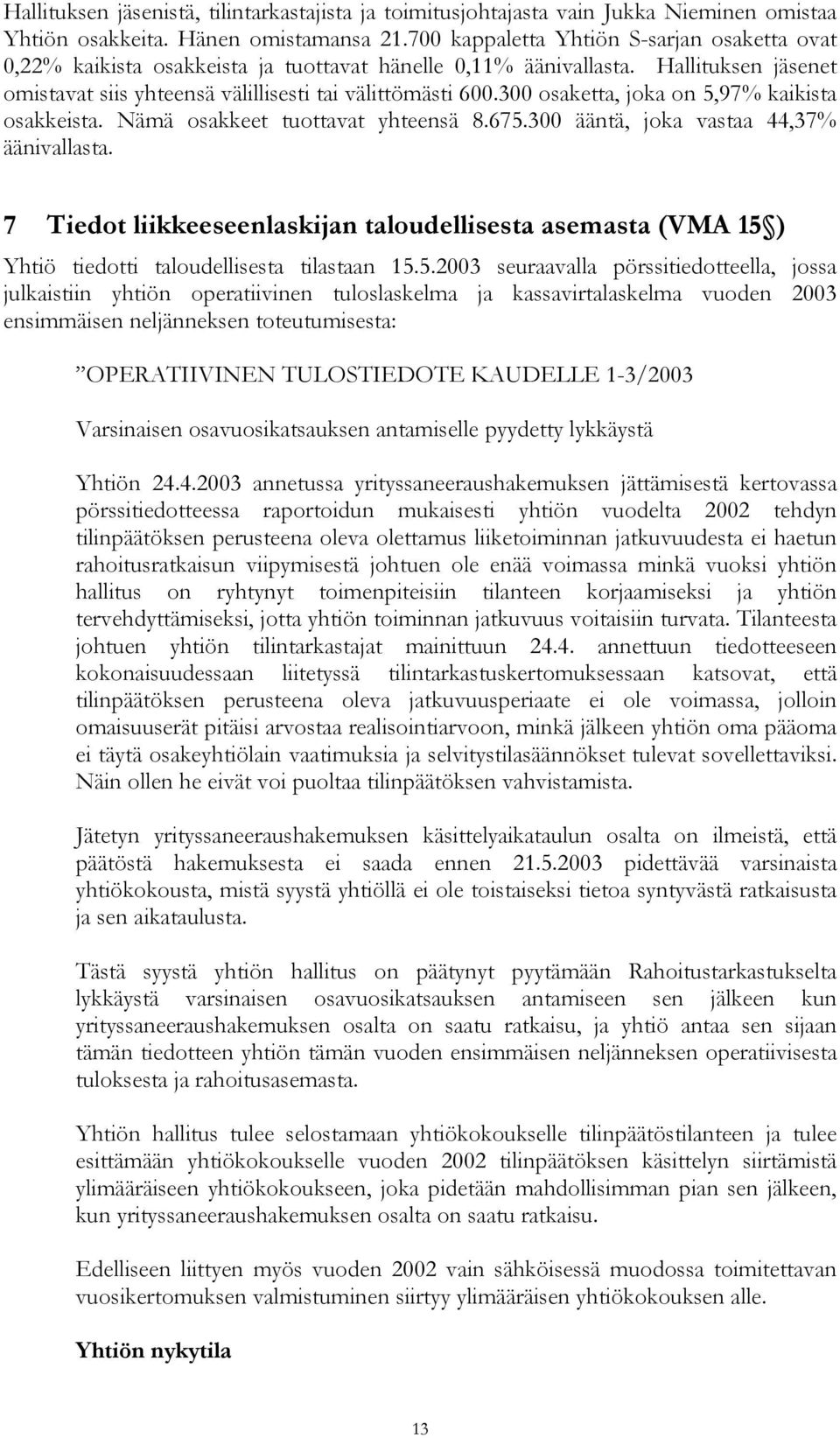 300 osaketta, joka on 5,97% kaikista osakkeista. Nämä osakkeet tuottavat yhteensä 8.675.300 ääntä, joka vastaa 44,37% äänivallasta.