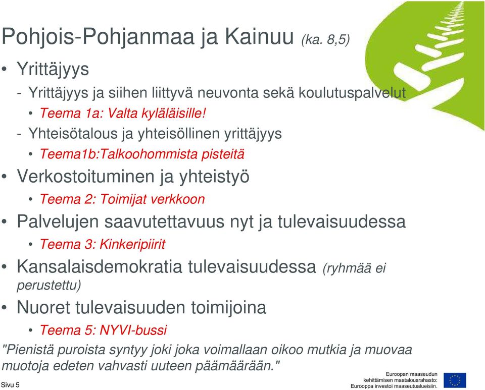 saavutettavuus nyt ja tulevaisuudessa Teema 3: Kinkeripiirit Kansalaisdemokratia tulevaisuudessa (ryhmää ei perustettu) Nuoret tulevaisuuden