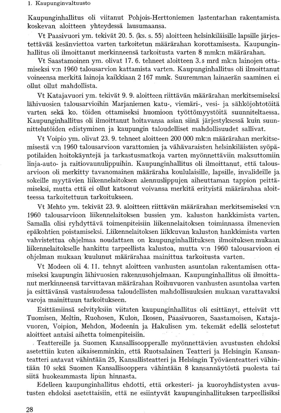 Vt Saastamoinen ym. olivat 17. 6. tehneet aloitteen 3.5 mrd mk:n lainojen ottamiseksi v:n 1960 talousarvion kattamista varten.