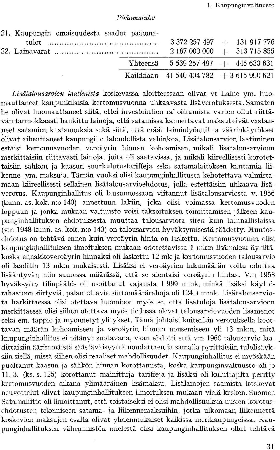 huomauttaneet kaupunkilaisia kertomusvuonna uhkaavasta lisäverotuksesta.