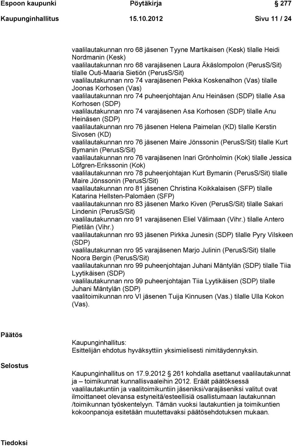 Sietiön (PerusS/Sit) vaalilautakunnan nro 74 varajäsenen Pekka Koskenalhon (Vas) tilalle Joonas Korhosen (Vas) vaalilautakunnan nro 74 puheenjohtajan Anu Heinäsen (SDP) tilalle Asa Korhosen (SDP)