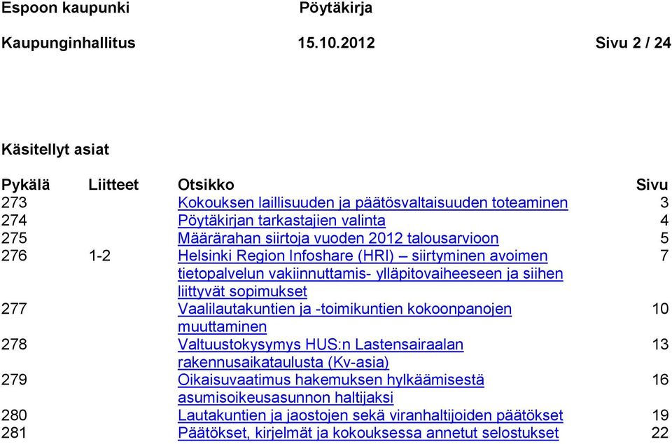 vuoden 2012 talousarvioon 5 276 1-2 Helsinki Region Infoshare (HRI) siirtyminen avoimen 7 tietopalvelun vakiinnuttamis- ylläpitovaiheeseen ja siihen liittyvät sopimukset 277