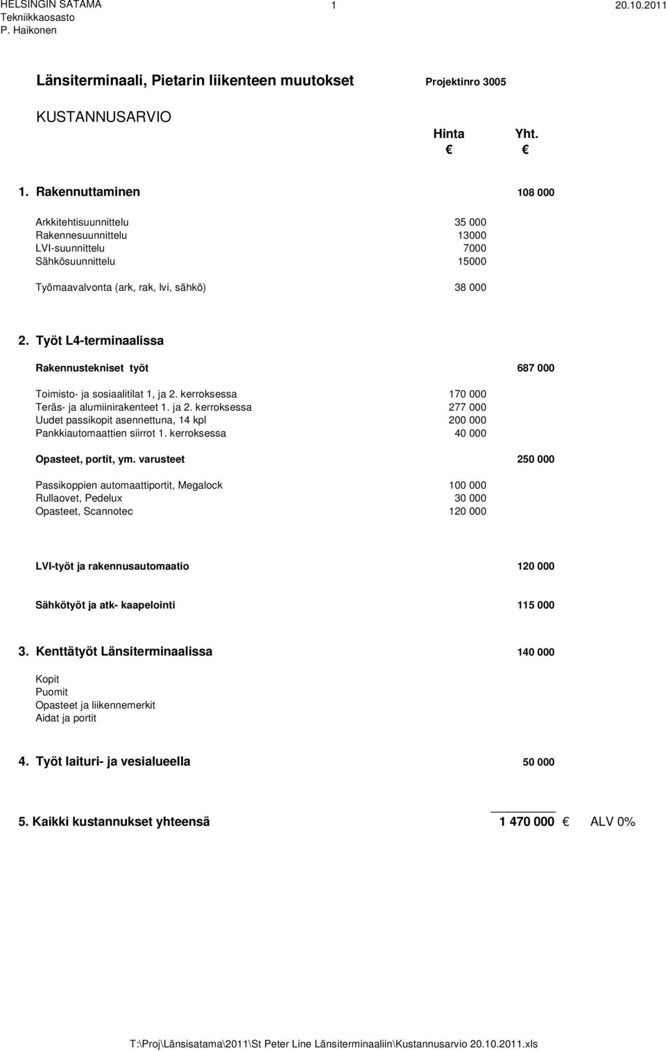 Työt L-terminaalissa Rakennustekniset työt 87 000 Timist- ja ssiaalitilat, ja. kerrksessa 70 000 Teräs- ja alumiinirakenteet. ja. kerrksessa 77 000 Uudet passikpit asennettuna, kpl 00 000 Pankkiautmaattien siirrt.