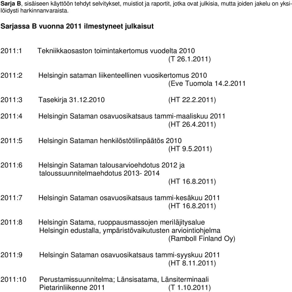 .0) 0: Helsingin Sataman savusikatsaus tammi-maaliskuu 0 (HT..0) 0: Helsingin Sataman henkilöstötilinpäätös 00 (HT 9..0) 0: Helsingin Sataman talusarviehdtus 0 ja talussuunnitelmaehdtus 0-0 (HT.8.