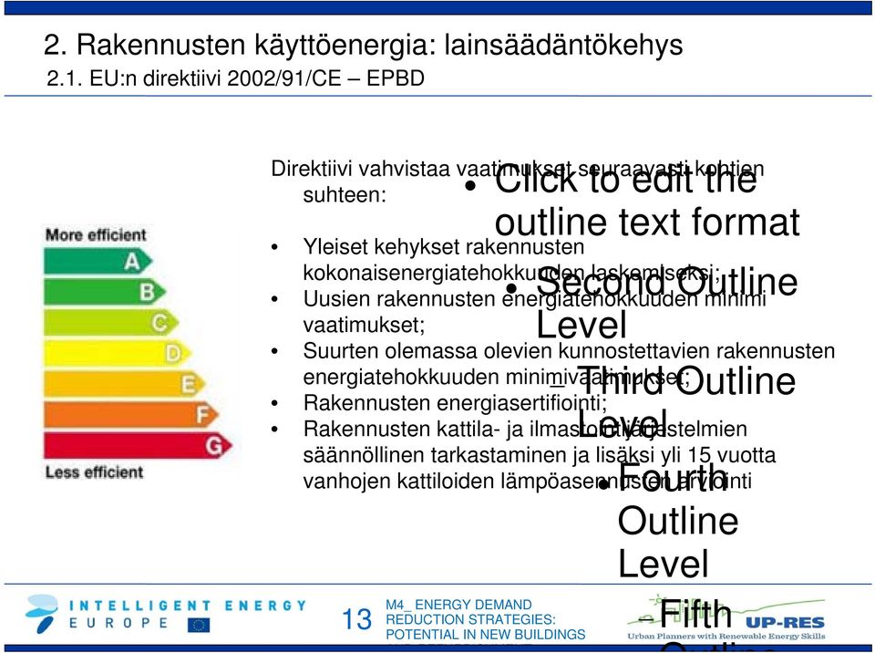 rakennusten kokonaisenergiatehokkuuden laskemiseksi; Uusien rakennusten energiatehokkuuden minimi vaatimukset; Suurten olemassa olevien kunnostettavien