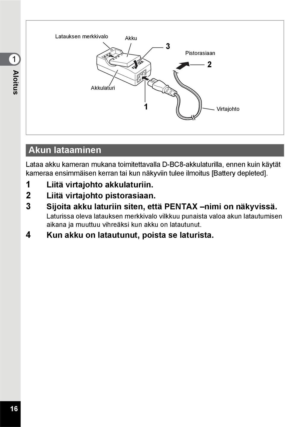 1 Liitä virtajohto akkulaturiin. 2 Liitä virtajohto pistorasiaan. 3 Sijoita akku laturiin siten, että PENTAX nimi on näkyvissä.