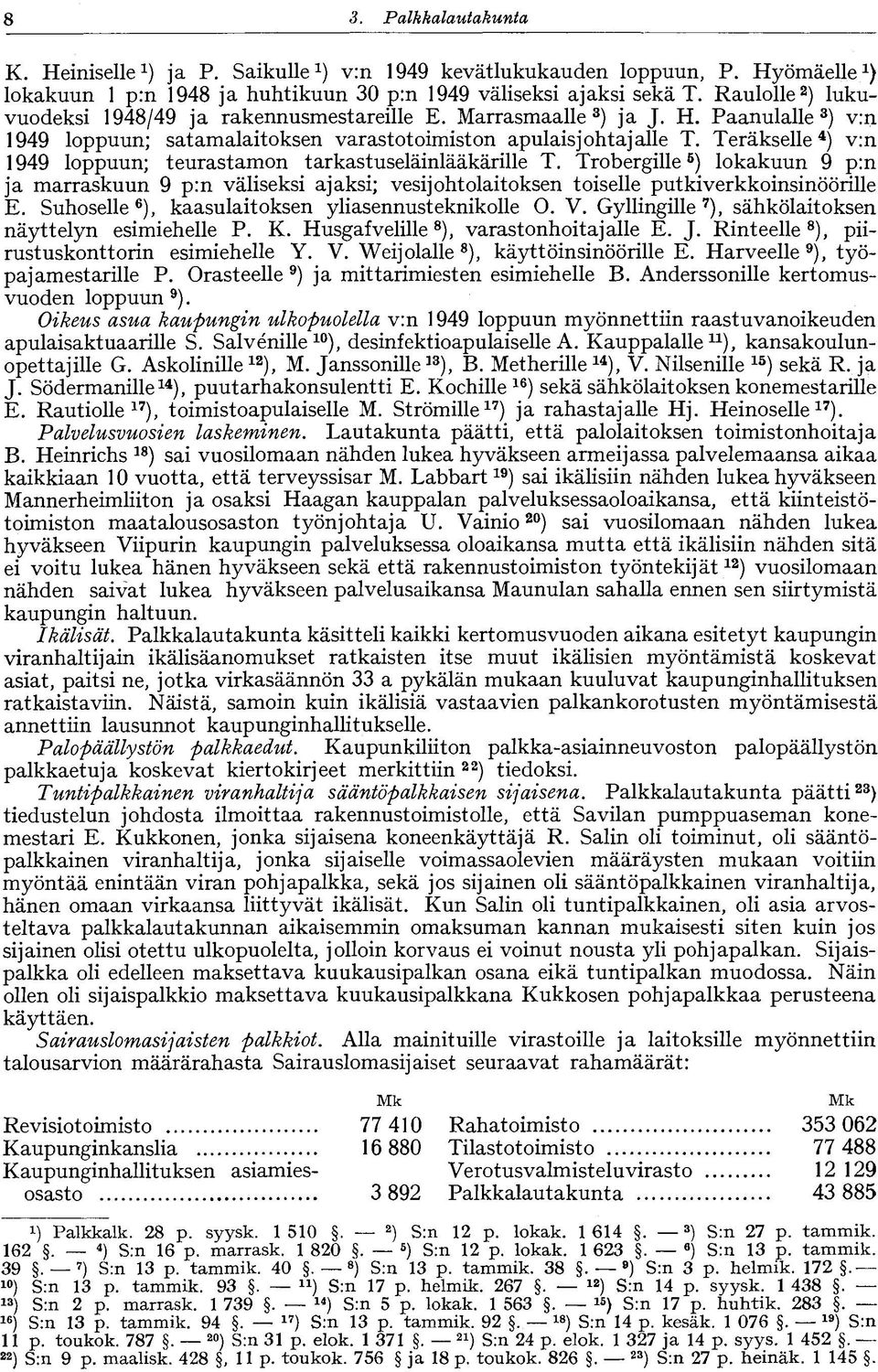 Teräkselle 4 ) v:n 1949 loppuun; teurastamon tarkastuseläinlääkärille T. Trobergille 5 ) lokakuun 9 p:n ja marraskuun 9 p:n väliseksi ajaksi; vesijohtolaitoksen toiselle putkiverkkoinsinöörille E.