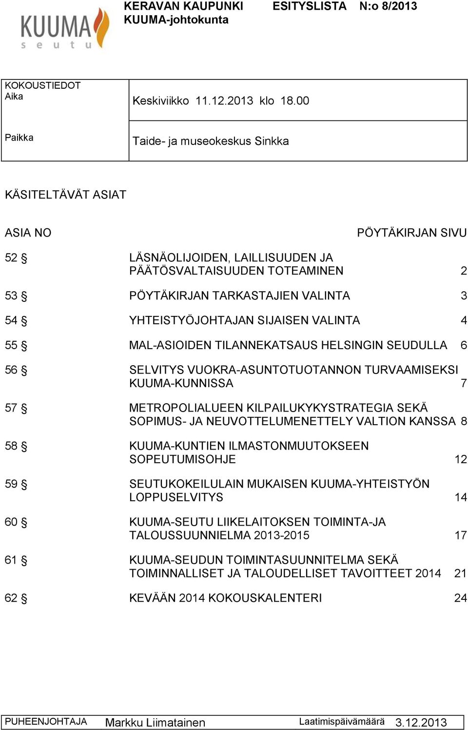 YHTEISTYÖJOHTAJAN SIJAISEN VALINTA 4 55 MAL-ASIOIDEN TILANNEKATSAUS HELSINGIN SEUDULLA 6 56 SELVITYS VUOKRA-ASUNTOTUOTANNON TURVAAMISEKSI KUUMA-KUNNISSA 7 57 METROPOLIALUEEN KILPAILUKYKYSTRATEGIA