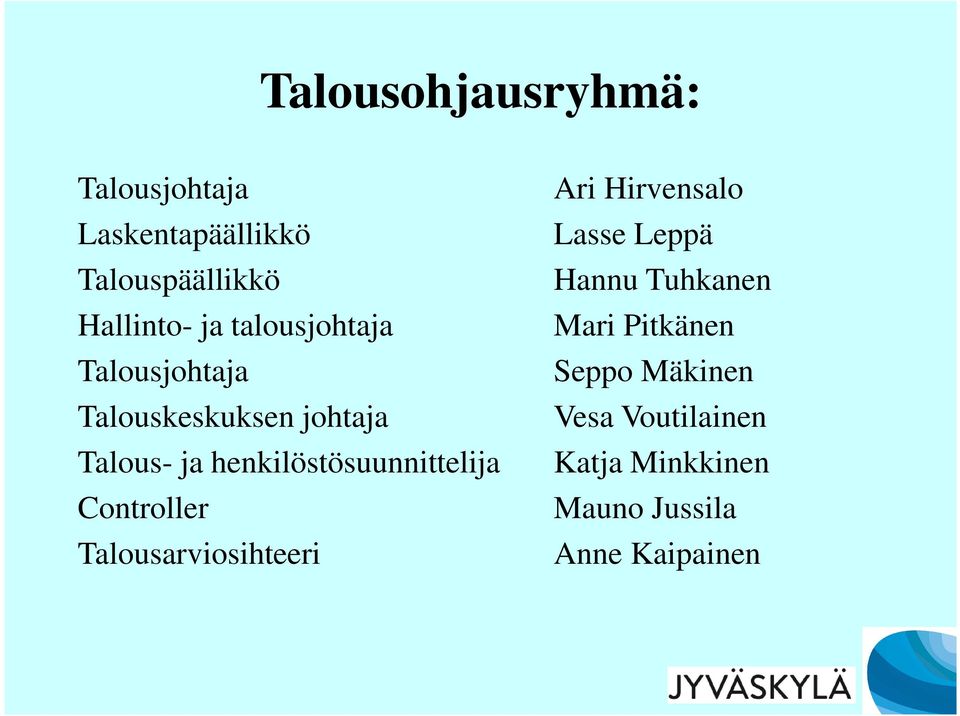 henkilöstösuunnittelija Controller Talousarviosihteeri Ari Hirvensalo Lasse Leppä