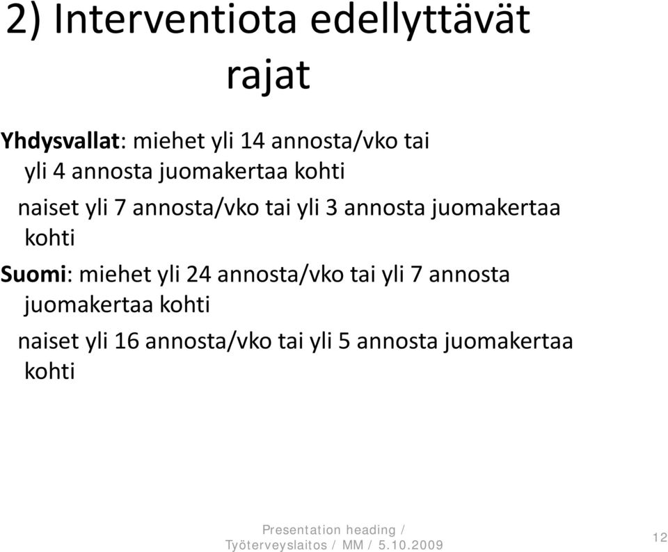 annosta juomakertaa kohti Suomi: miehet yli 24 annosta/vko tai yli 7 annosta