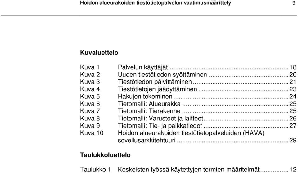 .. 25 Kuva 7 Tietomalli: Tierakenne... 25 Kuva 8 Tietomalli: Varusteet ja laitteet... 26 Kuva 9 Tietomalli: Tie- ja paikkatiedot.