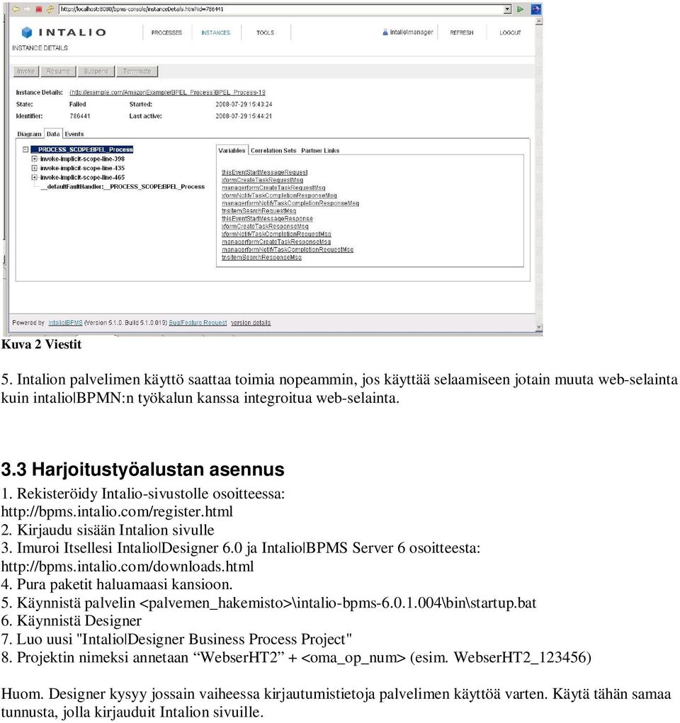 0 ja Intalio BPMS Server 6 osoitteesta: http://bpms.intalio.com/downloads.html 4. Pura paketit haluamaasi kansioon. 5. Käynnistä palvelin <palvemen_hakemisto>\intalio-bpms-6.0.1.004\bin\startup.bat 6.