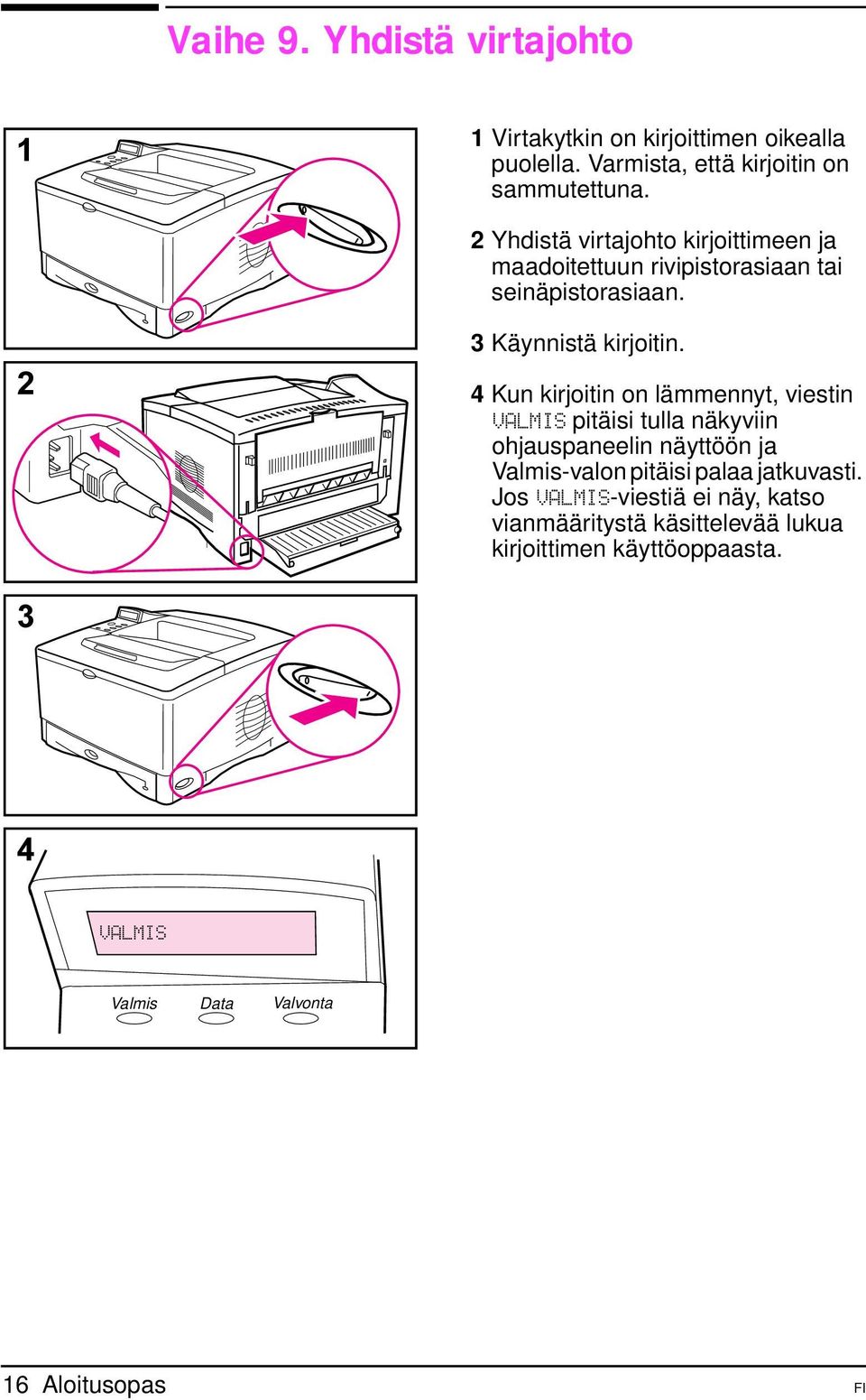 4 Kun kirjoitin on lämmennyt, viestin VALMIS pitäisi tulla näkyviin ohjauspaneelin näyttöön ja Valmis-valon pitäisi palaa