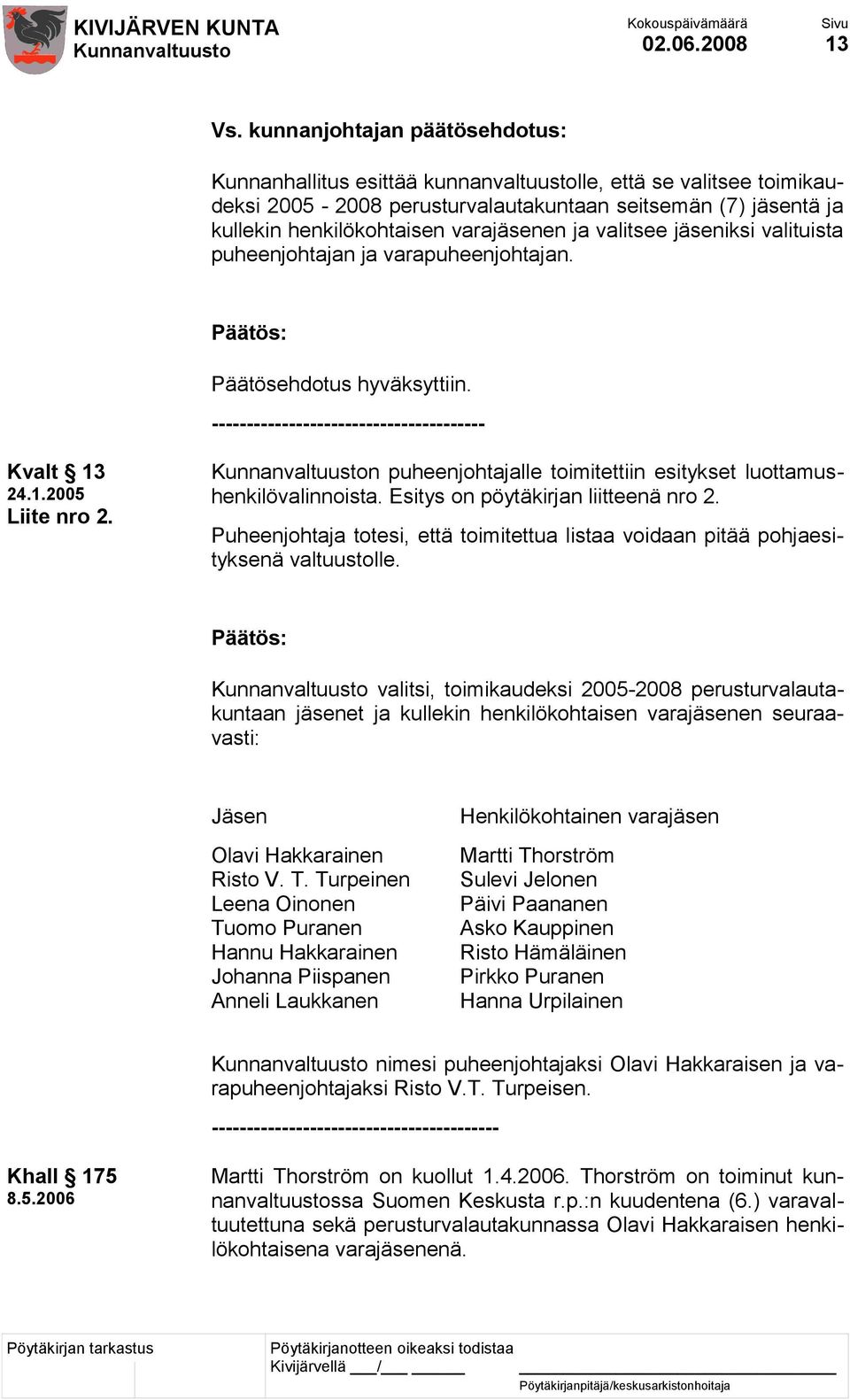 ja valitsee jäseniksi valituista puheenjohtajan ja varapuheenjohtajan. Päätösehdotus hyväksyttiin. --------------------------------------- Kvalt 13 24.1.2005 Liite nro 2.