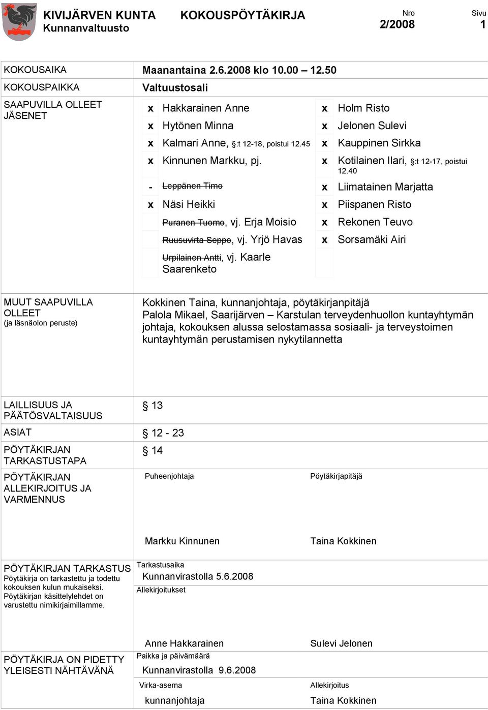 45 x Kauppinen Sirkka x Kinnunen Markku, pj. x Kotilainen Ilari, :t 12-17, poistui 12.40 - Leppänen Timo x Liimatainen Marjatta x Näsi Heikki x Piispanen Risto Puranen Tuomo, vj.