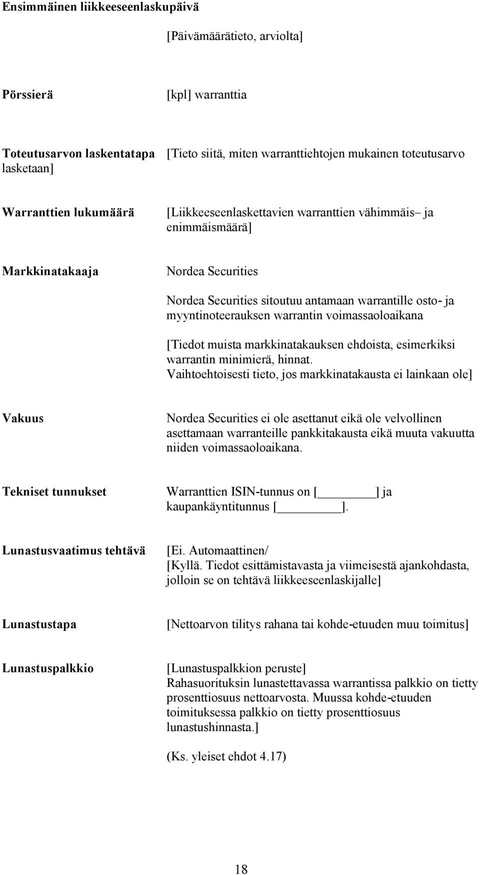voimassaoloaikana [Tiedot muista markkinatakauksen ehdoista, esimerkiksi warrantin minimierä, hinnat.