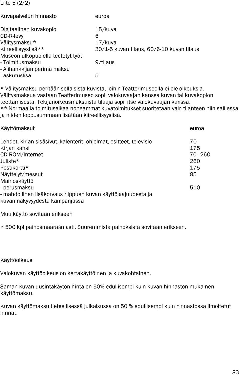 Välitysmaksua vastaan Teatterimuseo sopii valokuvaajan kanssa kuvan tai kuvakopion teettämisestä. Tekijänoikeusmaksuista tilaaja sopii itse valokuvaajan kanssa.