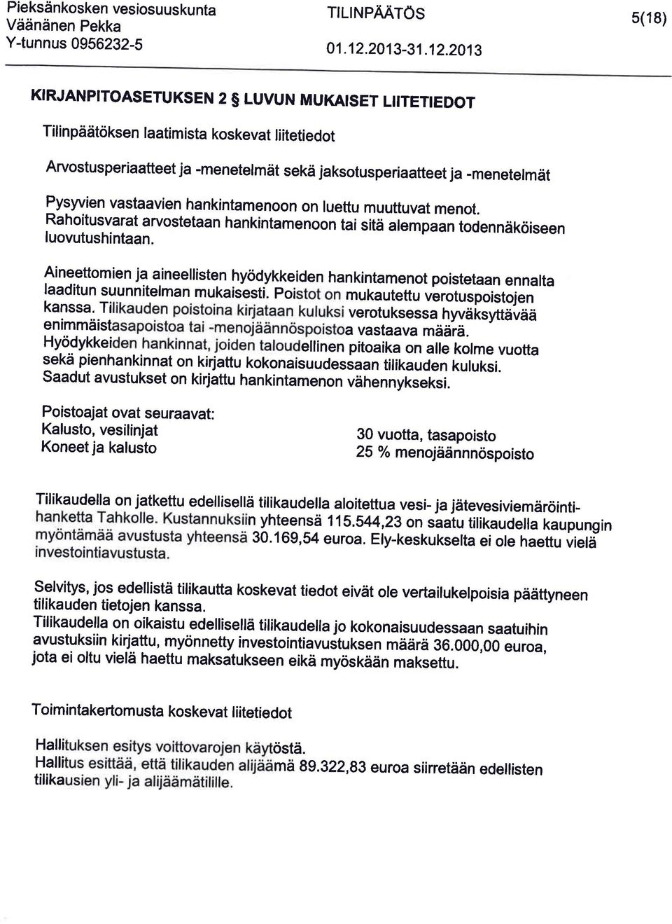 20 1 3 5(18) KIRJANPITOASETUKSEN 2 S LUVUN MUKAISET LIITETIEDOT Tilinpddtoksen laatimista koskevat liitetiedot Arvostusperiaatteet ja -menetelmdt sekd jaksotusperiaatteet ja -menetelmdt fvswien