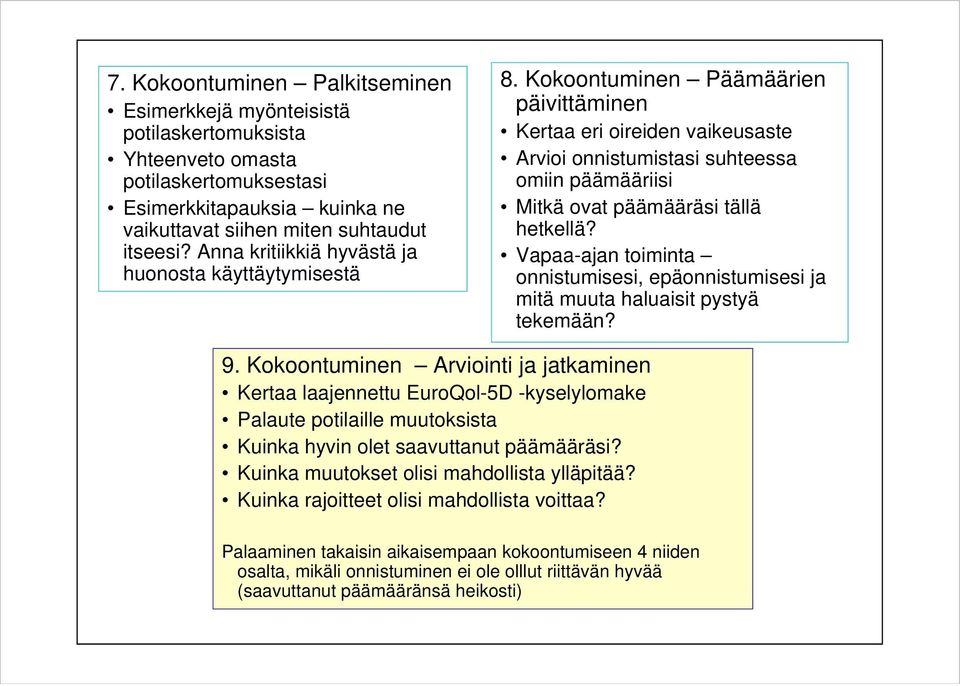 Kokoontuminen Päämäärien päivittäminen Kertaa eri oireiden vaikeusaste Arvioi onnistumistasi suhteessa omiin päämääriisi Mitkä ovat päämääräsi tällä hetkellä?