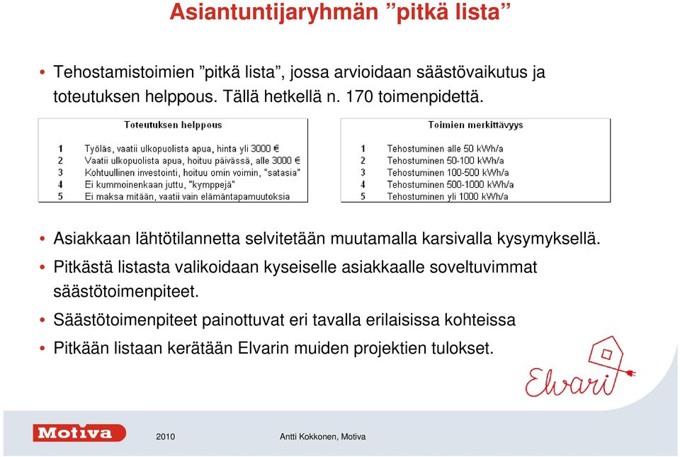 Asiakkaan lähtötilannetta selvitetään muutamalla karsivalla kysymyksellä.