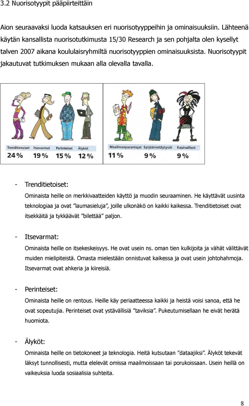 Nuorisotyypit jakautuvat tutkimuksen mukaan alla olevalla tavalla. - Trenditietoiset: Ominaista heille on merkkivaatteiden käyttö ja muodin seuraaminen.