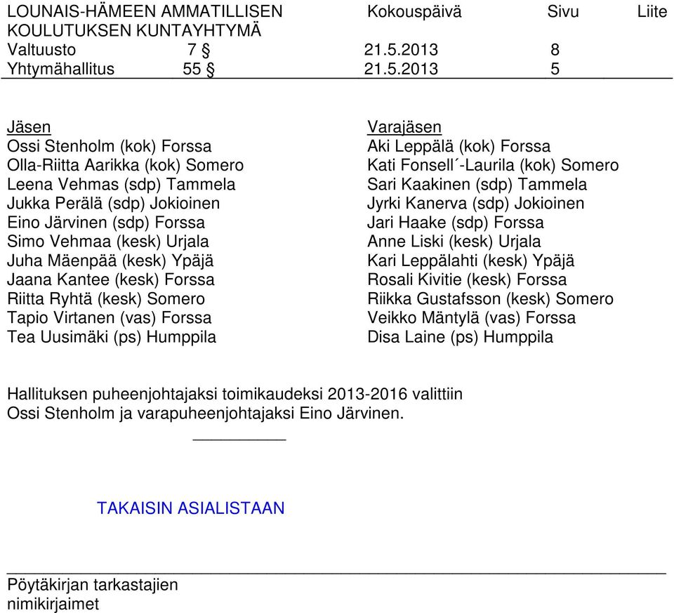 Fonsell -Laurila (kok) Somero Sari Kaakinen (sdp) Tammela Jyrki Kanerva (sdp) Jokioinen Jari Haake (sdp) Forssa Anne Liski (kesk) Urjala Kari Leppälahti (kesk) Ypäjä Rosali Kivitie (kesk) Forssa