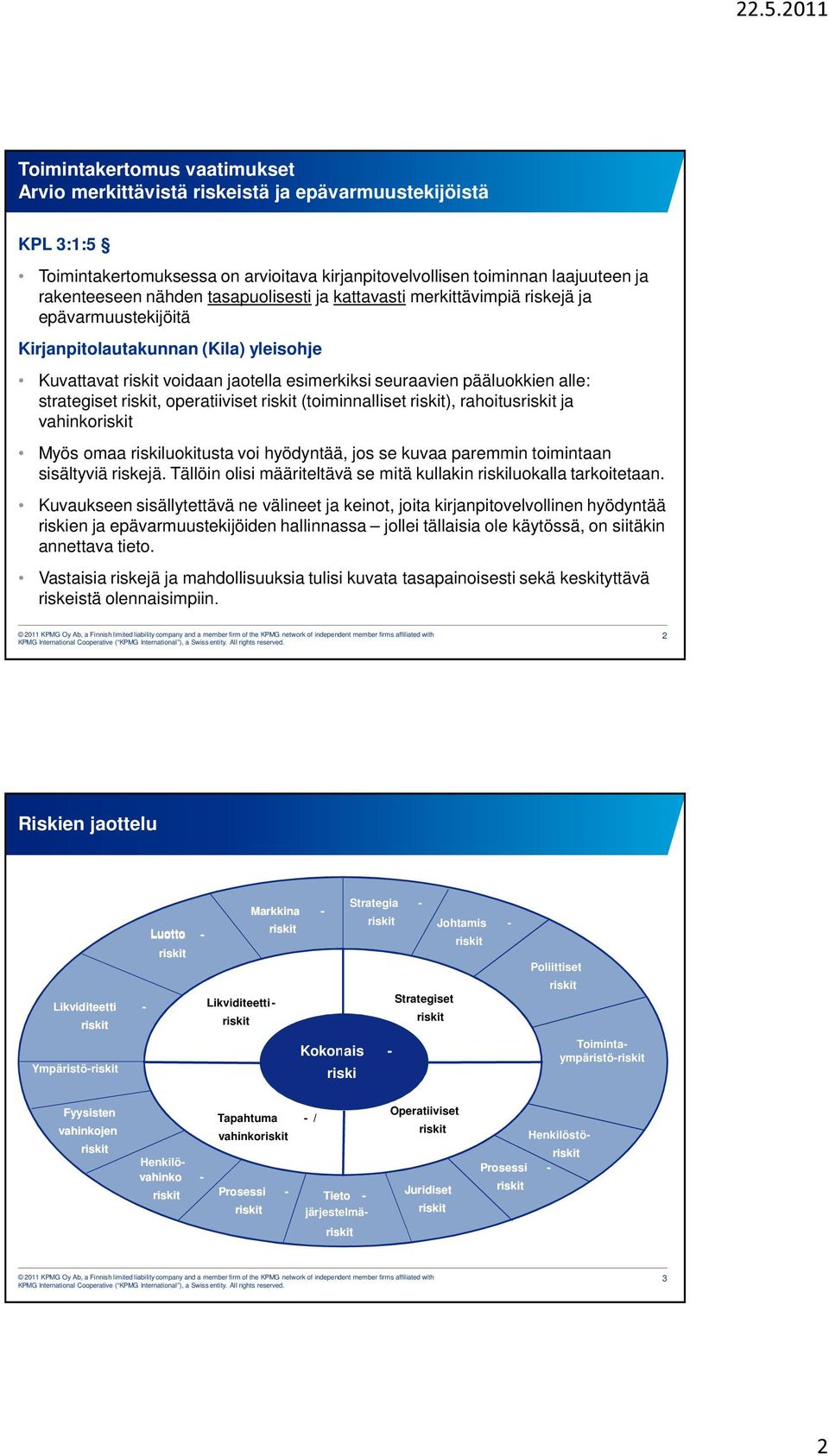 operatiiviset (toiminnalliset ), rahoitus ja vahinko Myös omaa riskiluokitusta voi hyödyntää, jos se kuvaa paremmin toimintaan sisältyviä riskejä.